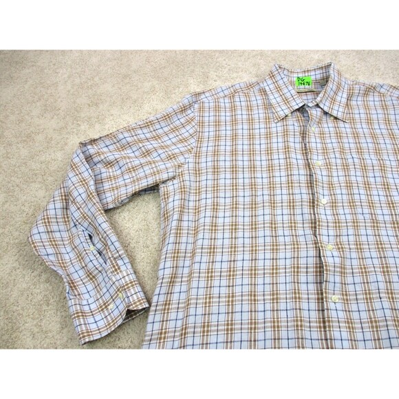 Peter Millar Shirt Adult Large Blue Brown Plaid Button Up Linen Cotton Mens - Picture 3 of 13
